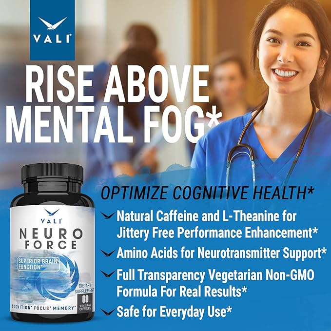 VALI Neuro Force Brain Booster Supplement for Focus, Memory, Clarity & Energy. Extra Strength Nootropic Cognitive Function Support for Mental Performance. with Natural Caffeine. 60 Veggie Capsules