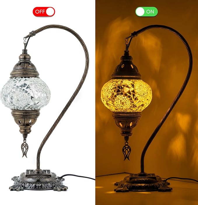 Kafthan Turkish Moroccan Mosaic Lamp – Handmade Glass Swan Neck Bedside Lamp with Antique Brass Base, Ideal Decor for Bedroom, Office, Living Room – Bulb Included (White Triple Circles)