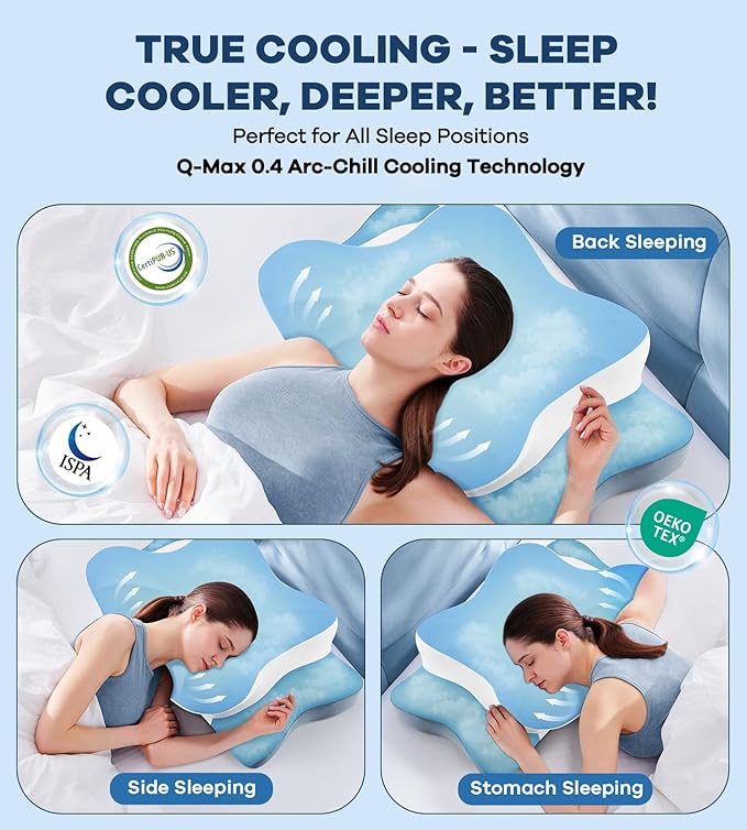 Cervical Pillow for Neck Pain Relief -Cooling Ergonomic Memory Foam Pillow with Ice Silk Pillowcase, Dual-Height Orthopedic Support Contour Pillow for Side/Back/Stomach Sleepers, CertiPUR-US Certified