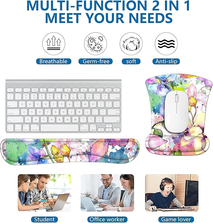 RICHEN Keyboard Wrist Rest Pad and Mouse Wrist Rest Support Mouse Pad Set,Sturdy & Comfortable & Lightweight for Easy Typing & Pain Relief-Ergonomic Support (Watercolor Flowers)