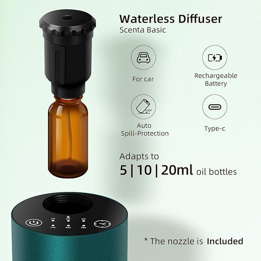 Waterless Essential Oil Diffuser for Home Battery Operated Cordless Aromatherapy Diffuser with Timing & 3 Mist Levels car Diffuser， Aluminum Alloy