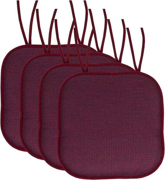 Sweet Home Collection Chair Cushion Memory Foam Pads with Ties Honeycomb Pattern Slip Non Skid Rubber Back Rounded Square 16" x 16" Seat Cover, 4 Pack, Cameron Wine