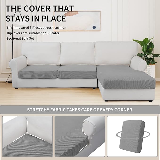 Easy-Going Stretch 3 Pieces Couch Cushion Covers for Sectional Sofa Left/Right L Shape Chaise Lounge Sofa Seat slipcover Anti-Slip Sofa Cover Soft (2 Seater + 1 Chaise, Light Gray)