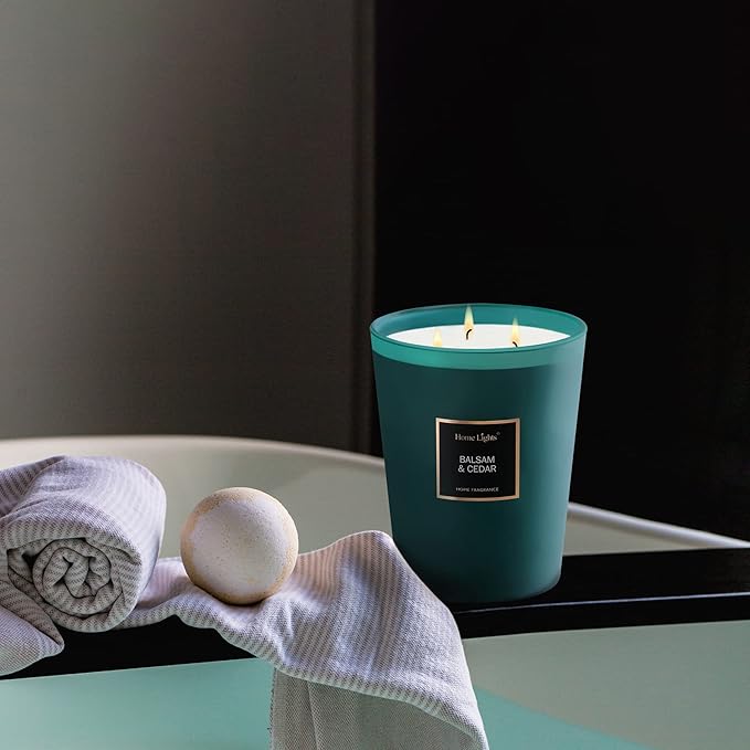 HomeLights Highly Scented Soy Candles Big 33.3 oz for Home. 3 Cotton Wicks, Smokeless Long Lasting 130 hrs in Balsam & Cedar. 5x6, Great Gift for Women & Men