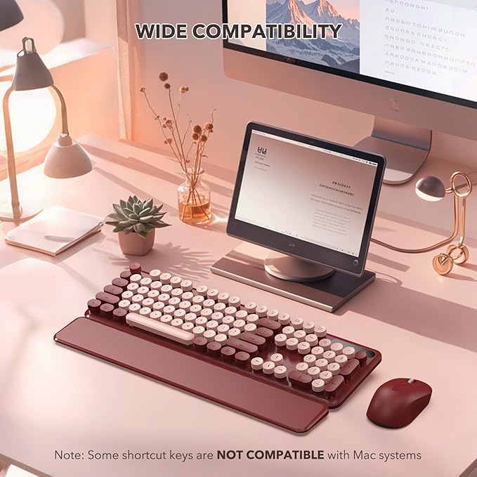 Wireless Keyboard and Mouse Combo - Retro Keyboard with Round Keycaps, Full-Size Typewriter Keyboard with Detachable Wrist Rest, 2.4GHz Connection for Mac/Windows/PC (Wine Red)