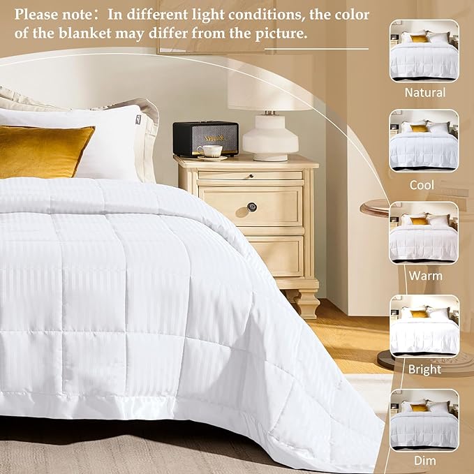 downluxe Queen Size Blanket with Satin Trim, Lightweight Down Alternative Blankets Queen Size for All Season, Machine Washable (White, 90x90 Inch)