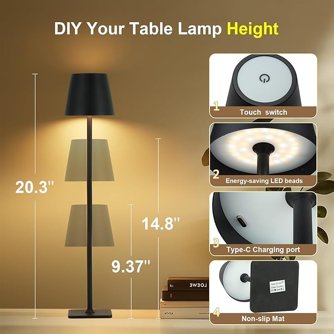 Cordless Table Lamp with Timer 2 Pack, Czgor Rechargeable 5200mAh Battery Operated Lamp with Remote, Adjustable Heights, 3-Color Stepless Dimming, Small LED Table Lamp for Bedroom Dining Office(Black)