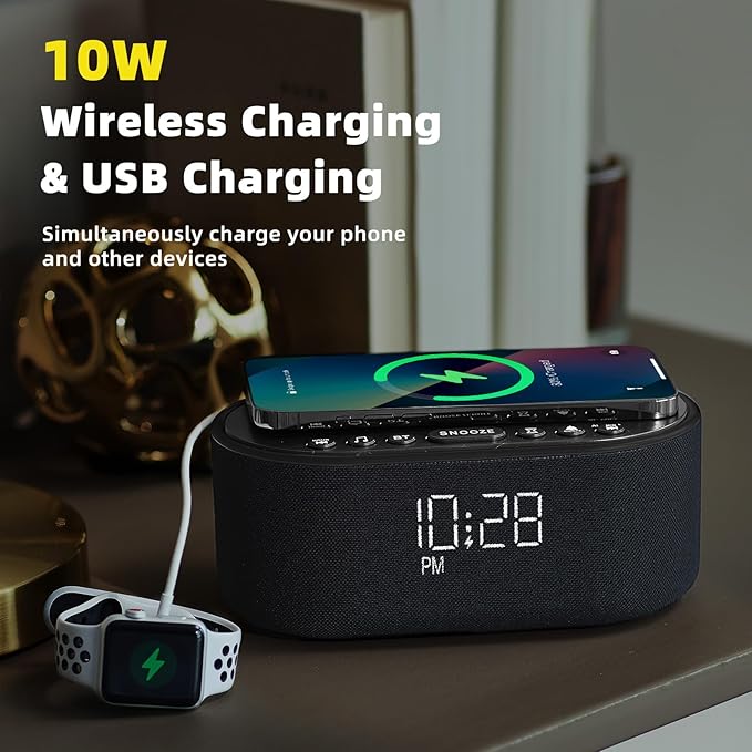 Sound Machine Alarm Clock for Bedrooms: Bluetooth 10W Stereo Sound Speaker with Wireless Charging - White Noise Machine for Sleeping with 21 Soothing Sounds - Black