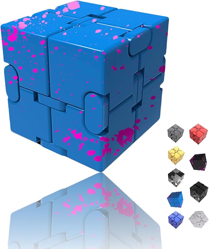 Metal Infinity Cube Fidget Toy - Aluminum Alloy Anti-Stress and Anxiety Finger Flip Cube for Adults, Men, and Women, Ideal Desk Toy for Work or Home - Infinity Cube Desk Toy (Blue-Pink)