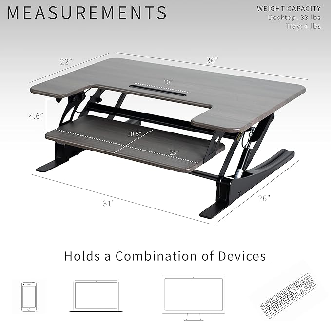 VIVO 36 inch Height Adjustable Stand Up Desk Converter, V Series, Quick Sit to Stand Tabletop Dual Monitor Riser Workstation, Gray Top, Black Frame, DESK-V000VG