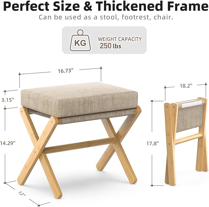 Foldable Foot Stool Ottoman, Modern Foot Rest with Bamboo X Legs & Thick Foam Cushion, Folding Foot Stools Small Padded for Bedroom Living Room, Makeup Vanity Stool Chair (Natural - Brown)