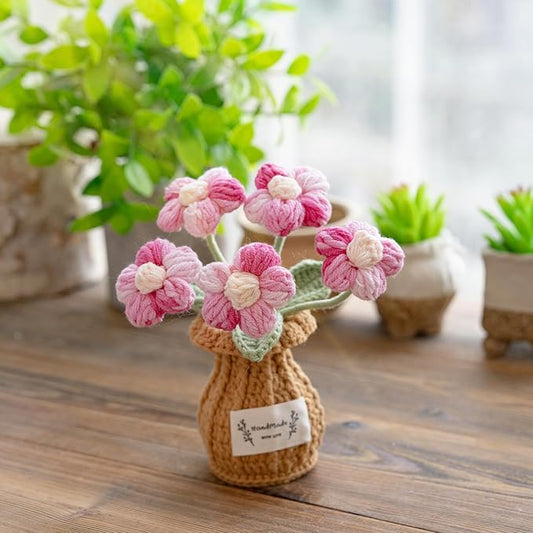 Handmade Crochet Flowers, 6 Inches Small Potted Plants, Knitted Desk Decorations for Home Office Decor (Puff Flower)