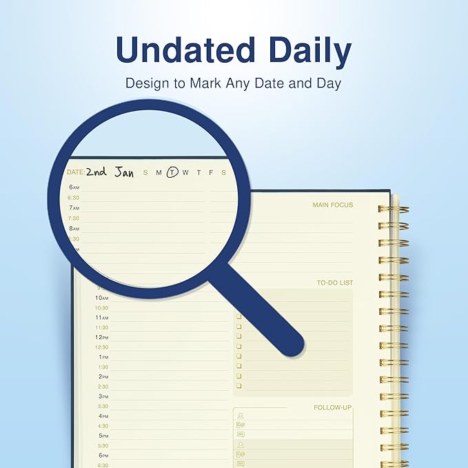 Undated Daily Planner To Do List Hourly Schedule 2027 2026 2025 Calendar & Holiday Habit Tracker 180 Pages Letter Size 8.5" x 11" Sheets Hardcover Spiral Bound Notebook (Navy Blue)
