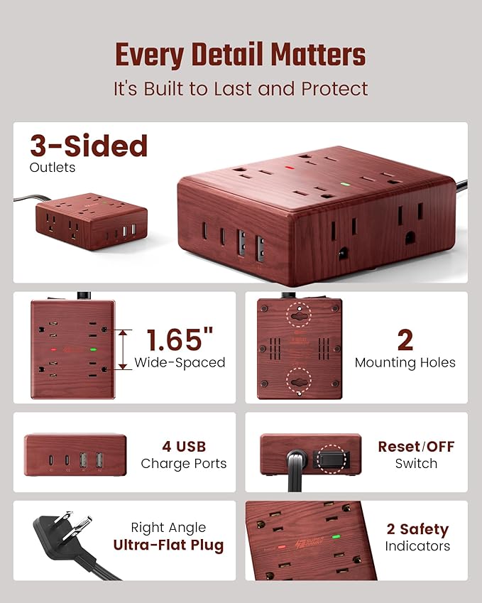 Brown Extension Cord 10Ft, Flat Plug Power Strip Surge Protector, 8 Outlet 4 USB Ports (2 USB C), Wall Mountable, Decorative Wood Charging Station for Home Office Desk Accessories —Walnut Wood