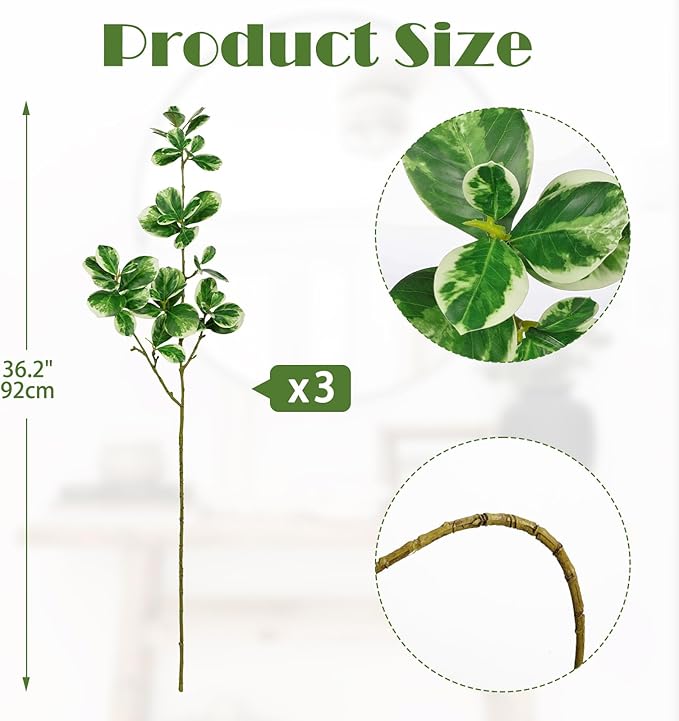 Hollyone 3 Packs Artificial Greenery Stems 36.2 Inch Fake Branches White Edged Leaves with Long Stems Faux Stems Greenery Stem Faux Branches for Vase Garden Home Decor Office Wedding Decoration