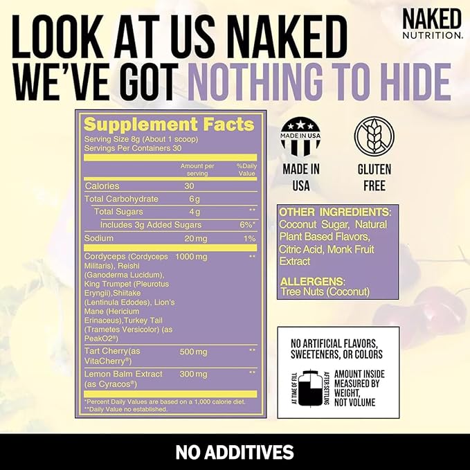 NAKED Recovery - Mushroom Supplement Powder - Lions Mane, Cordyceps, Reishi, Tart Cherries, Lemon Balm - Adaptogen Wellness Formula, Stress Relief, Muscle Recovery - 30 Servings