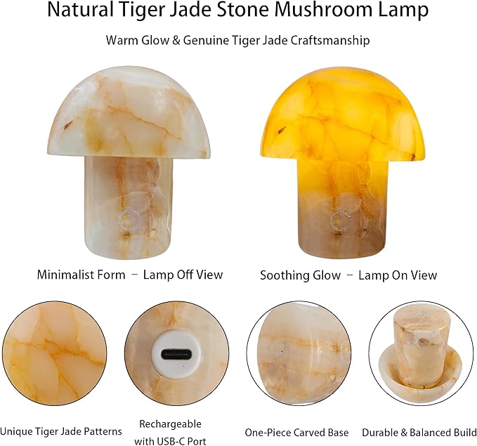 Marble Touch Table Lamp 4.3" x 4.7" – Natural Onyx Mushroom LED Night Light, Rechargeable Soft Glow Stone Bedside Lamp for Meditation, Yoga, Bedroom, Entryway Decor