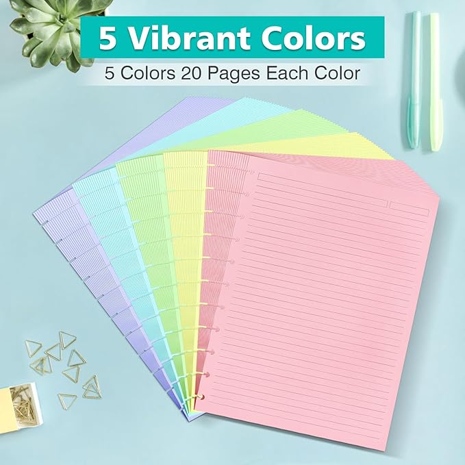 Letter Size 11 Discs 120gsm Discbound Refill Paper, Discbound 5 Colorful Line Papers, Disc Paper Refill, Loose-Leaf Papers, Disc Planner Inserts, 100 Sheets/200 Pages