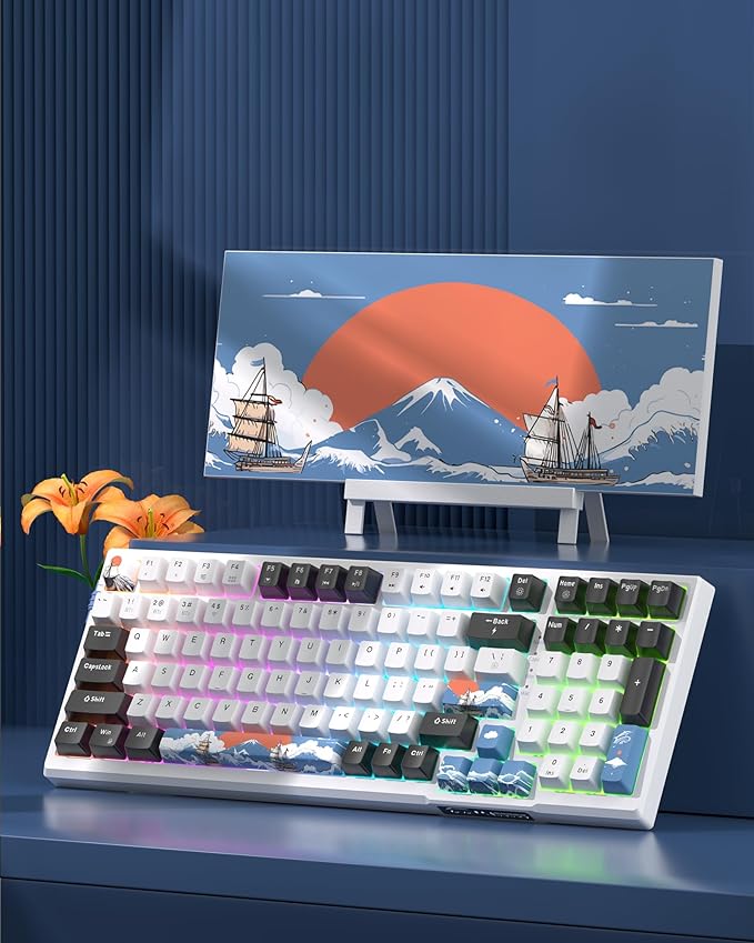 MageGee SKY98 Wireless Gasket Mechanical Gaming Keyboard, 96% Hot Swappable RGB Custom Creamy Keyboard with 5-Layer Sound Padding, BT/2.4G/USB-C, NKRO for Win/Mac (Waves, Blue Whale Switch)