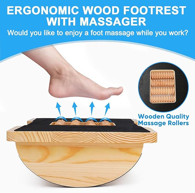 Wood Foot Rest for Under Desk at Work, Ergonomic Foldable Footrest with Roller Massager for Enhanced Circulation & Comfort, Standing Desk Rocker Balance Board for Office & Home