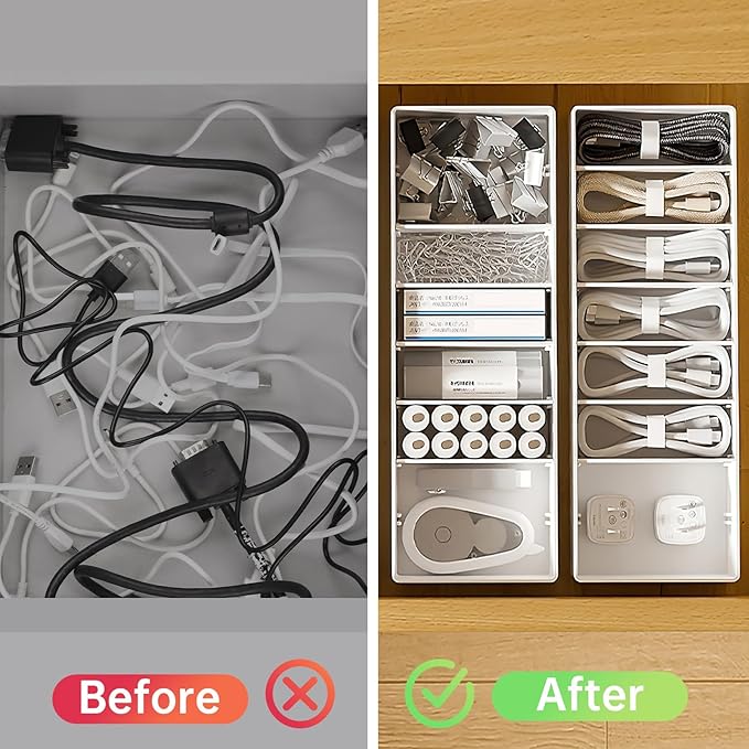 3 Pcs Cable Organizer Box with Wire Ties, Plastic Cord Charger Storage with 8 Compartments, Electronics Organizer for Home Office, Desk Drawer Stationery Stackable, White