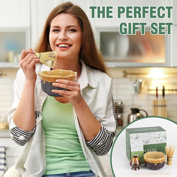 Pottery Matcha Set - Japanese Handcrafted Matcha Tea Bowl Mineral Glaze Bowl with Spout, Bamboo Whisk, Scoop & Chasen Holder | 4pc Tea Ceremony Kit for Matcha Lovers (Coffee Sand)