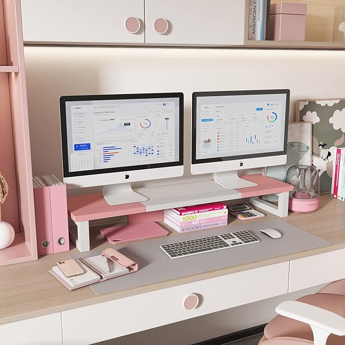 WESTREE Dual Monitor Stand Riser, Wood and Steel Monitor Stand Riser, Computer Monitor Stand for 2 Monitors, Multi-Purpose Desktop Storage Stand for Computer,Laptop,Printer,TV