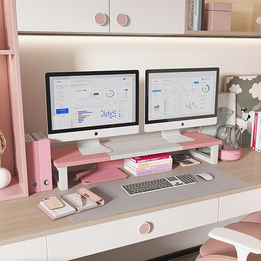 WESTREE Dual Monitor Stand Riser, Wood and Steel Monitor Stand Riser, Computer Monitor Stand for 2 Monitors, Multi-Purpose Desktop Storage Stand for Computer,Laptop,Printer,TV