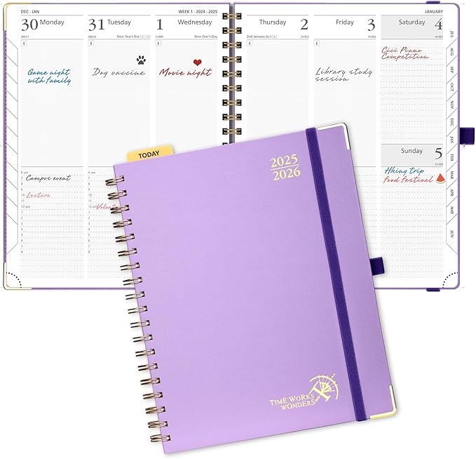 POPRUN Academic Planner 2025-2026 (July 2025-June 2026), Daily Weekly and Monthly Appointment Book (Wirebound Hard Cover - 10'' x 8'') with Hourly Time Slots, Tabs, 100 GSM - Violet