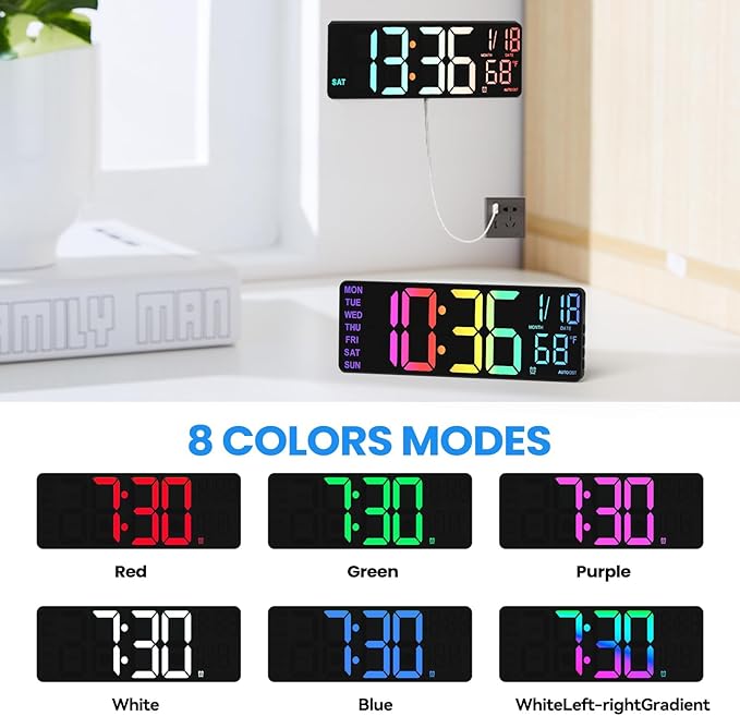 Digital Wall Clock Large Display, 13" Large Digital Wall Clock with RGB Color Remote Control, Automatic Brightness Dimmer Big Clock with Night Lights, Auto DST, Date Week,Perfect for Gift