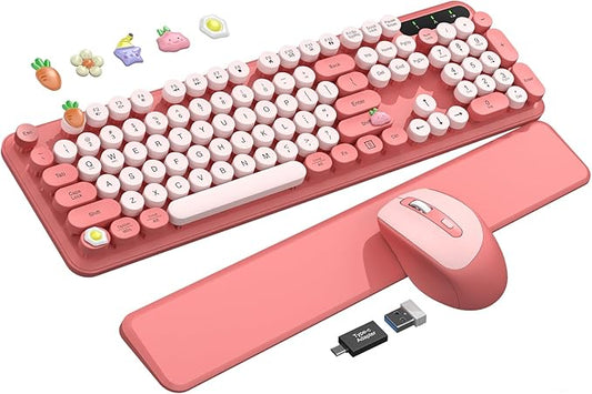 Wireless Keyboard and Mouse - Cute Round Keycaps, Detachable Wrist Rest, Full-Size Retro Typewriter Keyboard with Tilt Legs, 2.4G Wireless Combo for Women, PC, Laptop, Windows - Trueque (Blush Pink)