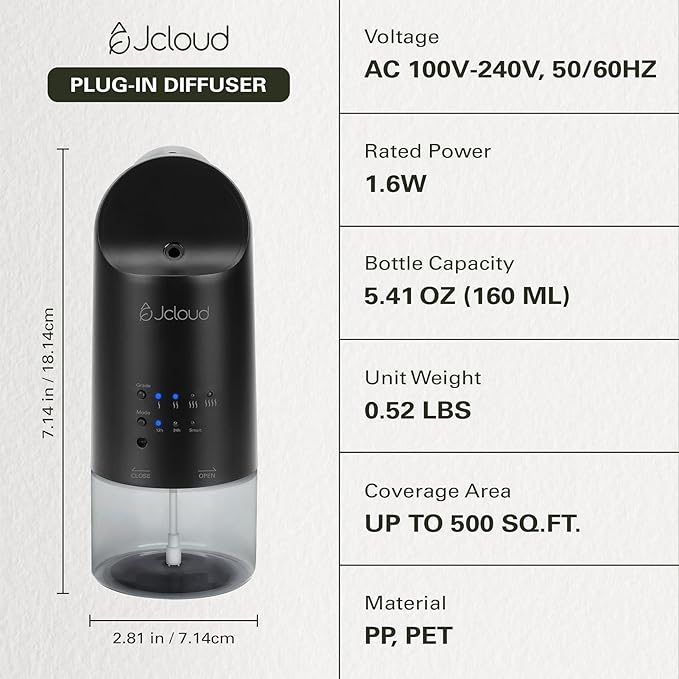 JCLOUD 2025 Plug in Diffuser | Cover Up to 500 Sq. Ft. for Home, Office, Spa – Portable Smart Wall Diffuser 160ML, Black with Royal Serenity Essential Oil Inspired by Luxury Hotel - 140mL