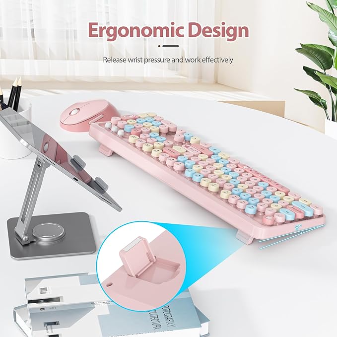 Fogruaden Pink Wireless Retro Typewriter Keyboard, 2.4GHz Full Size Cute Keyboard with Number Pad, Pink Colorful with Retro Round Keycaps for Windows PC Laptop