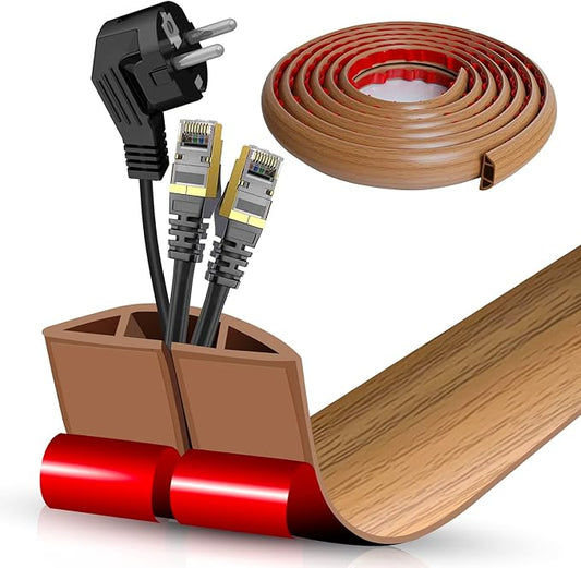 Floor Cord Cover Self Adhesive Cord Hider,10FT Cable Management, Extension Strip Protector for Wires, Prevent Cable Trips for Offices, Gyms, Exhibitions Cavity:0.51"(W) x 0.3"(H) Brown Wood