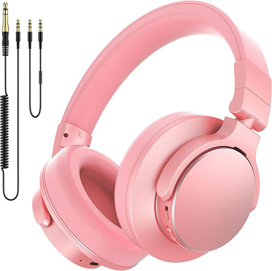 Over Ear Bluetooth Headphones, Studio Monitor & Mixing DJ Headphones Wireless with 50mm Drivers and 1/4 to 3.5mm Wired Audio Jack for Guitar AMP Recording Podcast Piano, 100H Playtime, Pink