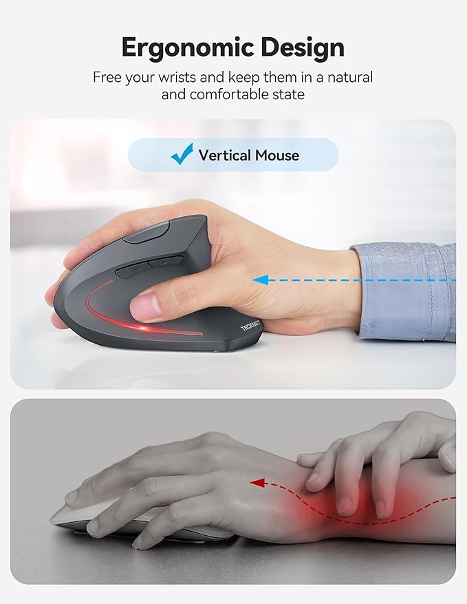 TECKNET Ergonomic Mouse, Rechargeable 2.4G+Bluetooth Vertical Mice 6 DPI Adjustable, Wireless Optical Carpal Tunnel Mouse for Right Hand, Silent 6 Buttons for Laptop, PC, MacBook, iPad - Grey