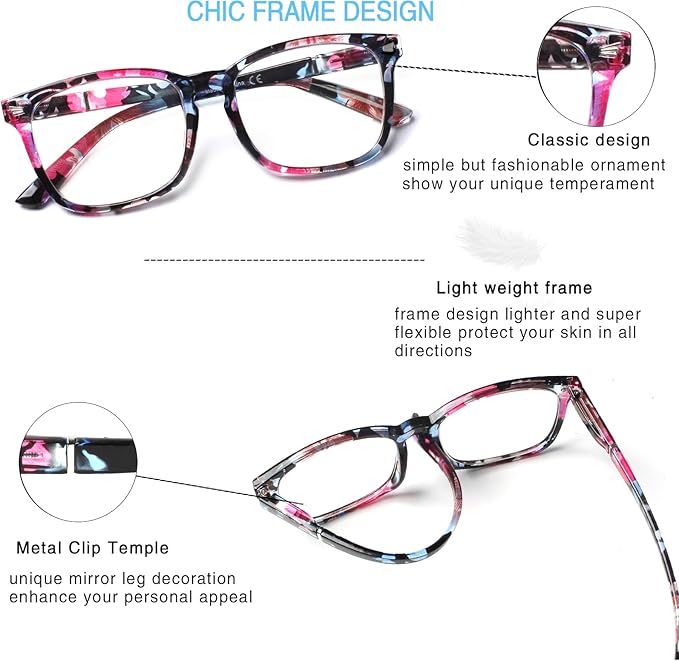 Henotin 4-Pack Blue Light Blocking Reading Glasses Women Men,Spring Hinge Computer Readers,Anti UV Ray Square Nerd Eyeglasses (Mixed Color-C, 2.50)