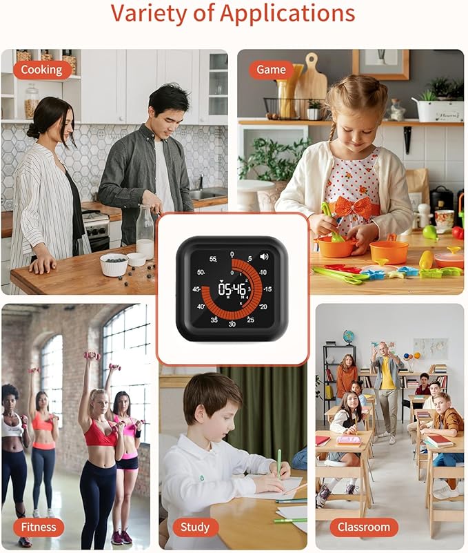Digital Visual Timer - Large Display Magnetic Countdown Timer with Adjustable Volume and Brightness, 11H59M Memory Function for Kitchen, Classroom, Study Time Management, Seniors & Teachers