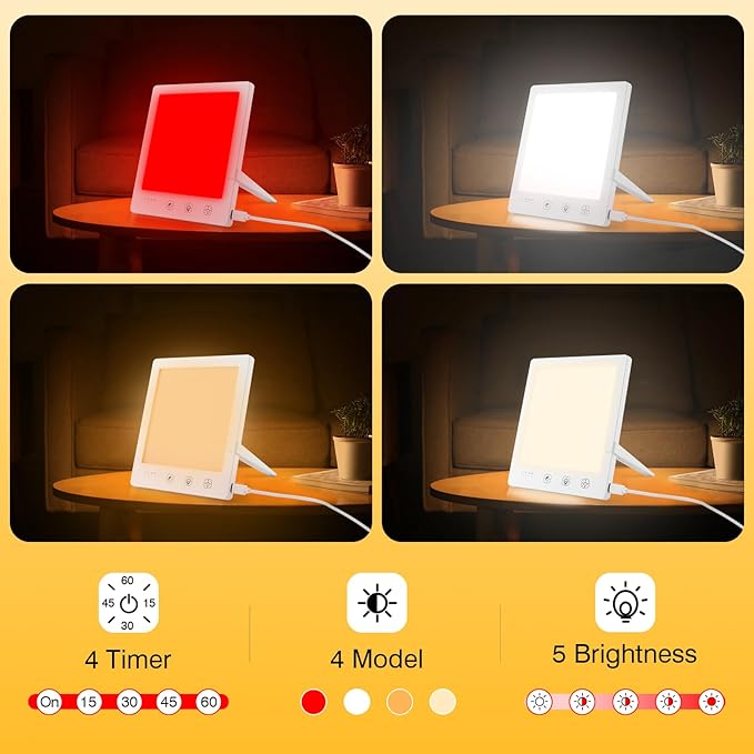 Light Therapy Lamp with Red & White Light - 10,000 Lux LED Sun Light Therapy Lamp for Face, Energy, Sleep & Skin Care, 4 Adjustable Modes & 5 Brightness Levels, Timer Function, UV-Free with Power Bank