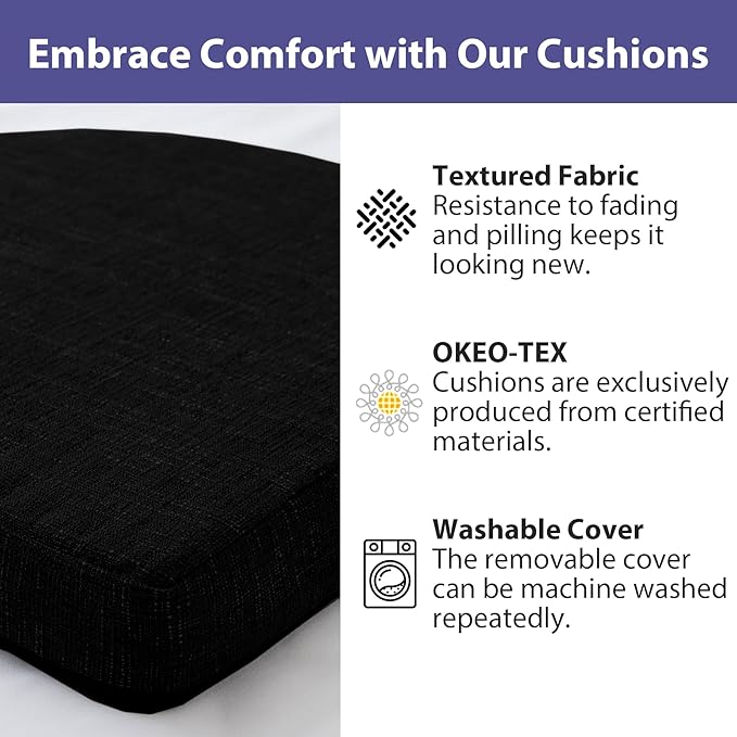 Chair Cushions for Dining Chairs with Ties and Removable Cover, Dining Kitchen Chair Pads with Non-Slip Bottom, High Density Foam Indoor Seat Cushions, 16'' x 16'' x 2'', Set of 4, Black