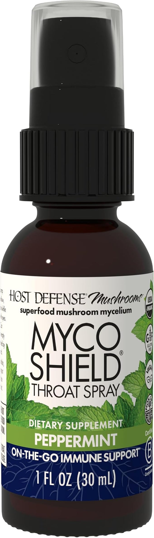 Host Defense MycoShield Throat Spray - Immune Health Support - Dietary Mushroom Supplement with Chaga, Reishi, Turkey Tail & More - On-The-Go Immune Support - Peppermint, 1 fl oz (71 Servings)*