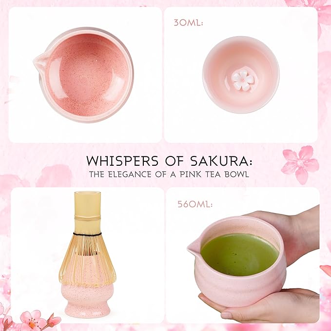 Matcha Whisk Set, 8-Piece Pink Matcha Set with Ceramic Bowl, Bamboo Whisk, Sifter, Large Mat and More – Complete Matcha Kit with Gift Box for Matcha Lovers