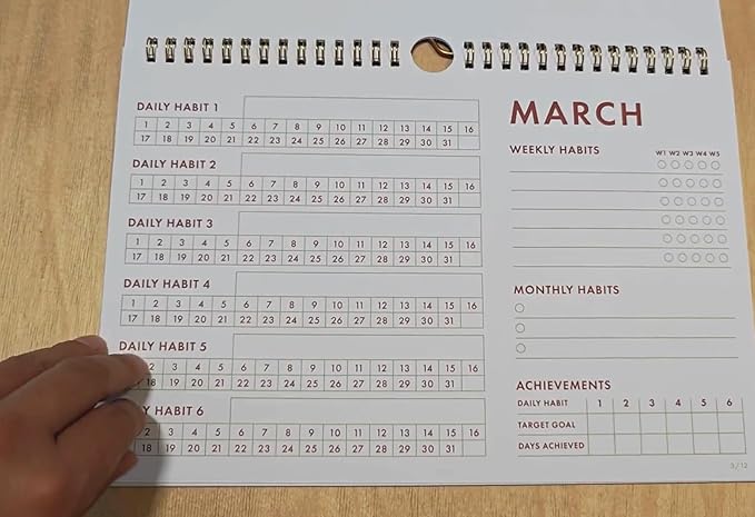 12-Month Habit Tracker Calendar – Minimalist Table Wall Planner for Goals & Productivity, Daily/Weekly/Monthly Tracking, Wire-O Hanger, Thick 200 gsm Paper, Neutral Design
