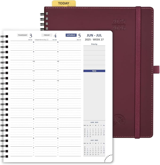 POPRUN 2025-2026 Weekly Planner 7.25'' x 8.25''Academic Spiral Appointment Book (July 2025-June 2026) with Quarter-Hourly Schedule, Monthly Tabs, Leather Softcover, Inner Pocket - Claret