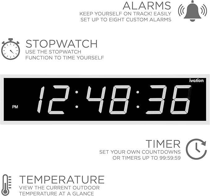 Ivation Huge Oversized 60" Large Digital LED Clock | Big Digital Clock w/Multi-Function Display – Stopwatch, Timer, Alarms, Temp & Date | 6 Brightness Levels, Time Memory & Remote (White)