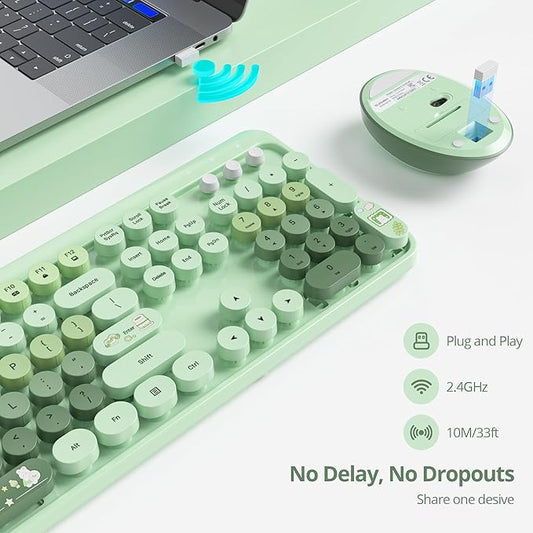 GTSP Typewriter Colorful Green Wireless Keyboard and Mouse Combo, 2.4GHz Full-Size Retro Cute Office Computer Keyboard with Round Keycaps for Desktop Laptop and PC (Colorful Green)