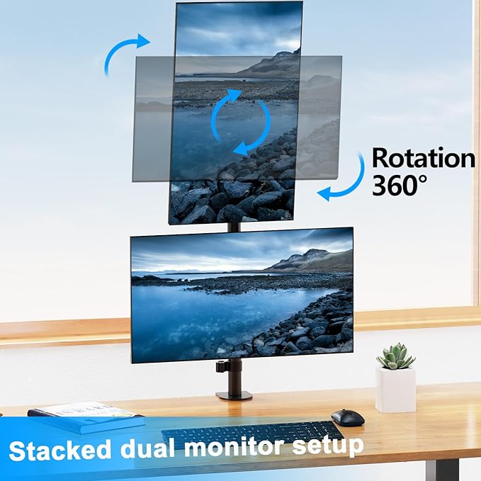 Vertical Dual Monitor Stand, Stacked Monitor Mount for 2 Screen Max 32 inches, Computer Monitor Arm Holds up to 17.6 lbs Each, Height Adjustable, Swivel, Tilt Monitor Desk Mount, VESA 75/100
