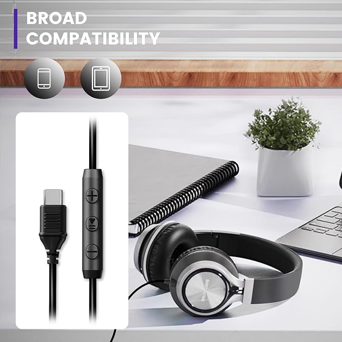 INFURTURE USB C Headphones with Mic,Volume Control,Tangle-Free Plaiting Line,Type C Headphones Wired,Lightweight Foldable for iPhone 15/16 Headphone Series/Tablet/School/Travel/Sports/Audiobooks