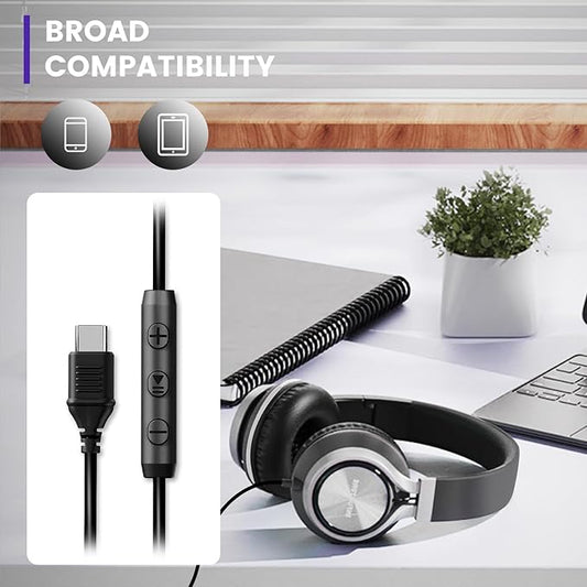 INFURTURE USB C Headphones with Mic,Volume Control,Tangle-Free Plaiting Line,Type C Headphones Wired,Lightweight Foldable for iPhone 15/16 Headphone Series/Tablet/School/Travel/Sports/Audiobooks