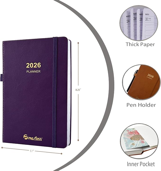2026 Daily Planner/Calendar, One Page Per Day, Daily Monthly Agenda Planner with Time Slots and Monthly Tabs, Jan - Dec 2026, 5.7" x 8.25" Appointment Book, Pen Holder, Leather Cover (2026-Purple)